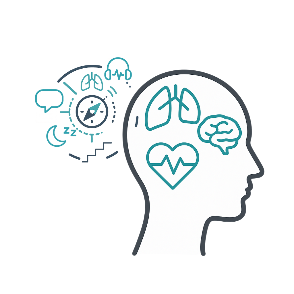 Illustration for Mental and Cognitive Health in Long Covid: head with brain and heart, sleep icon, sensory overload control and support bubble.