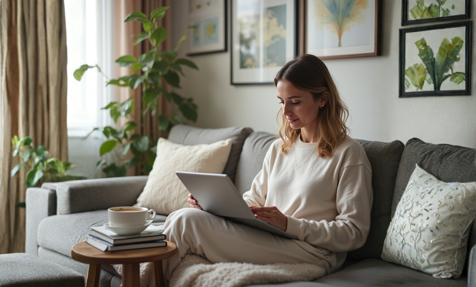 Woman on a sofa using a laptop with coffee and books nearby — calm, welcoming banner for the Long Covid Store FAQs.