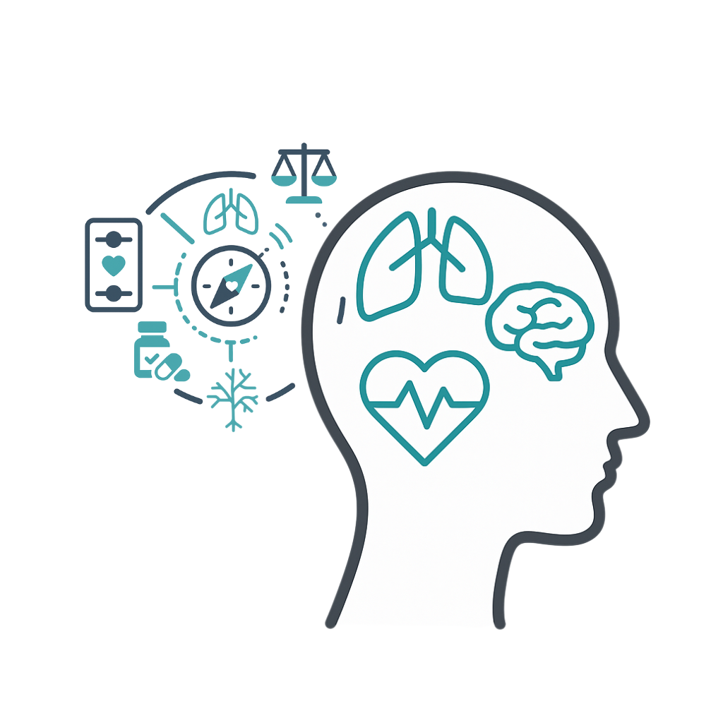 Illustration of Long Covid treatment and recovery options: head with brain, lungs and heart icons, plus compass, balance and medication symbols.