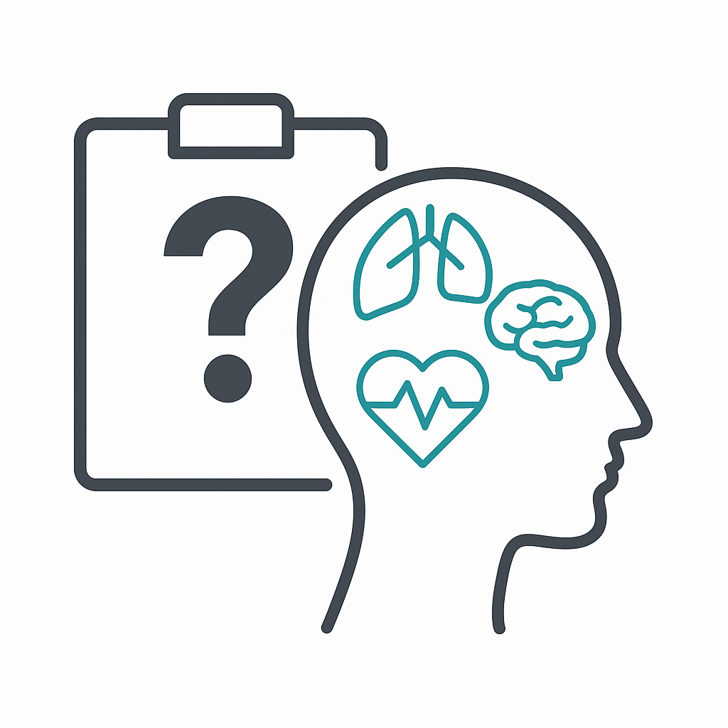 Illustration for Understanding Long Covid: head with brain, lungs and heart icons, plus a clipboard question mark and a timeline magnifier.