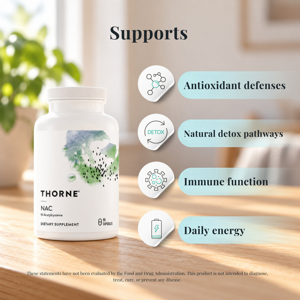 Thorne N-Acetyl Cysteine (NAC) with icons showing what it supports: antioxidant defenses, natural detox pathways, immune function and daily energy