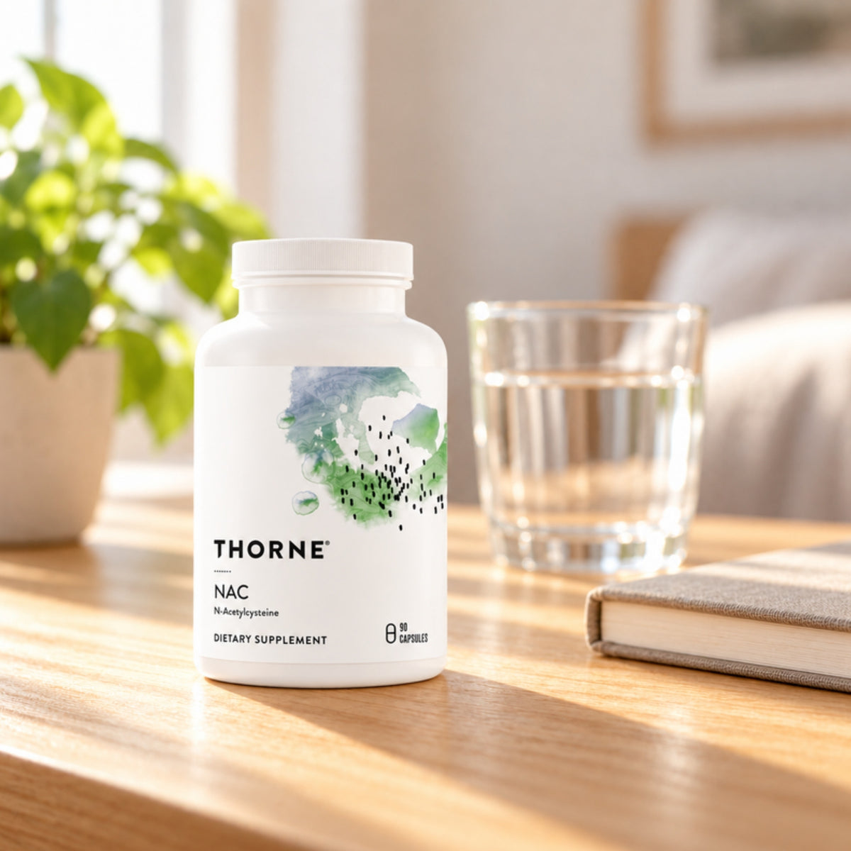 Thorne N-Acetyl Cysteine (NAC) on a table at home