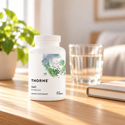 Thorne N-Acetyl Cysteine (NAC) on a table at home