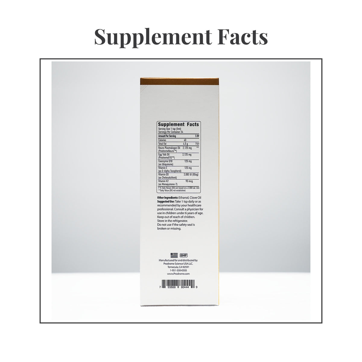 Facts panel from the label of Prodrome Sciences Neuro PC+ Egg Yolk Oil 120 mL