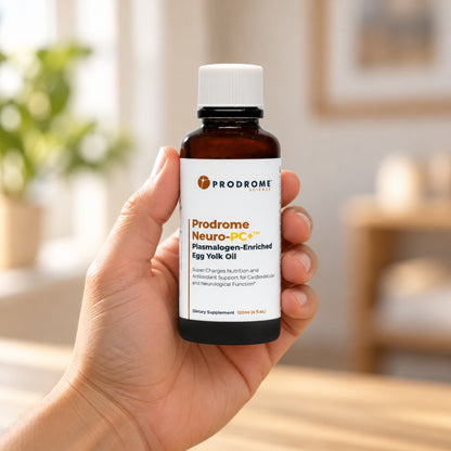 Prodrome Sciences Neuro PC+ Egg Yolk Oil 120 mL held in an adult hand to show its size