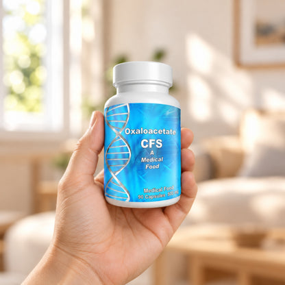 Terra Biological Oxaloacetate CFS 500 mg held in an adult hand to show its size