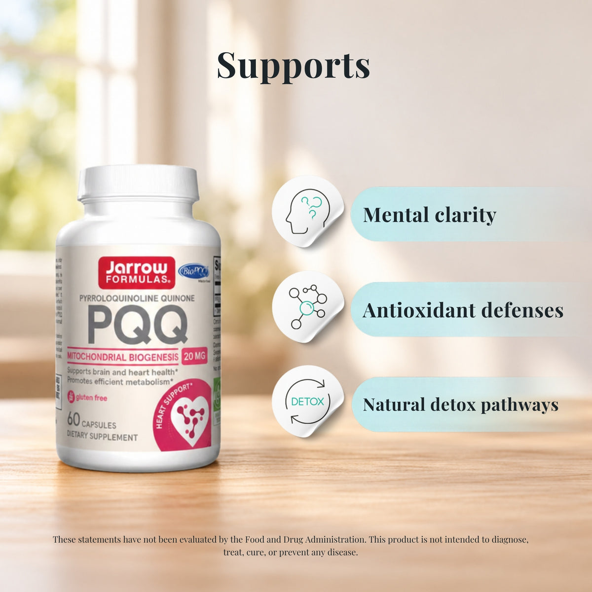 Jarrow Formulas PQQ 20 mg with icons showing what it supports: mental clarity, antioxidant defenses and natural detox pathways