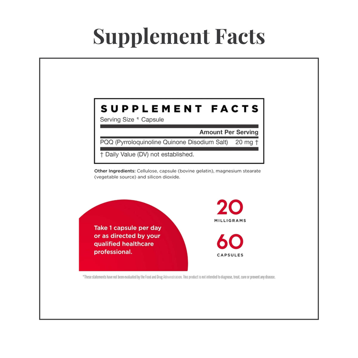 Facts panel from the label of Jarrow Formulas PQQ 20 mg