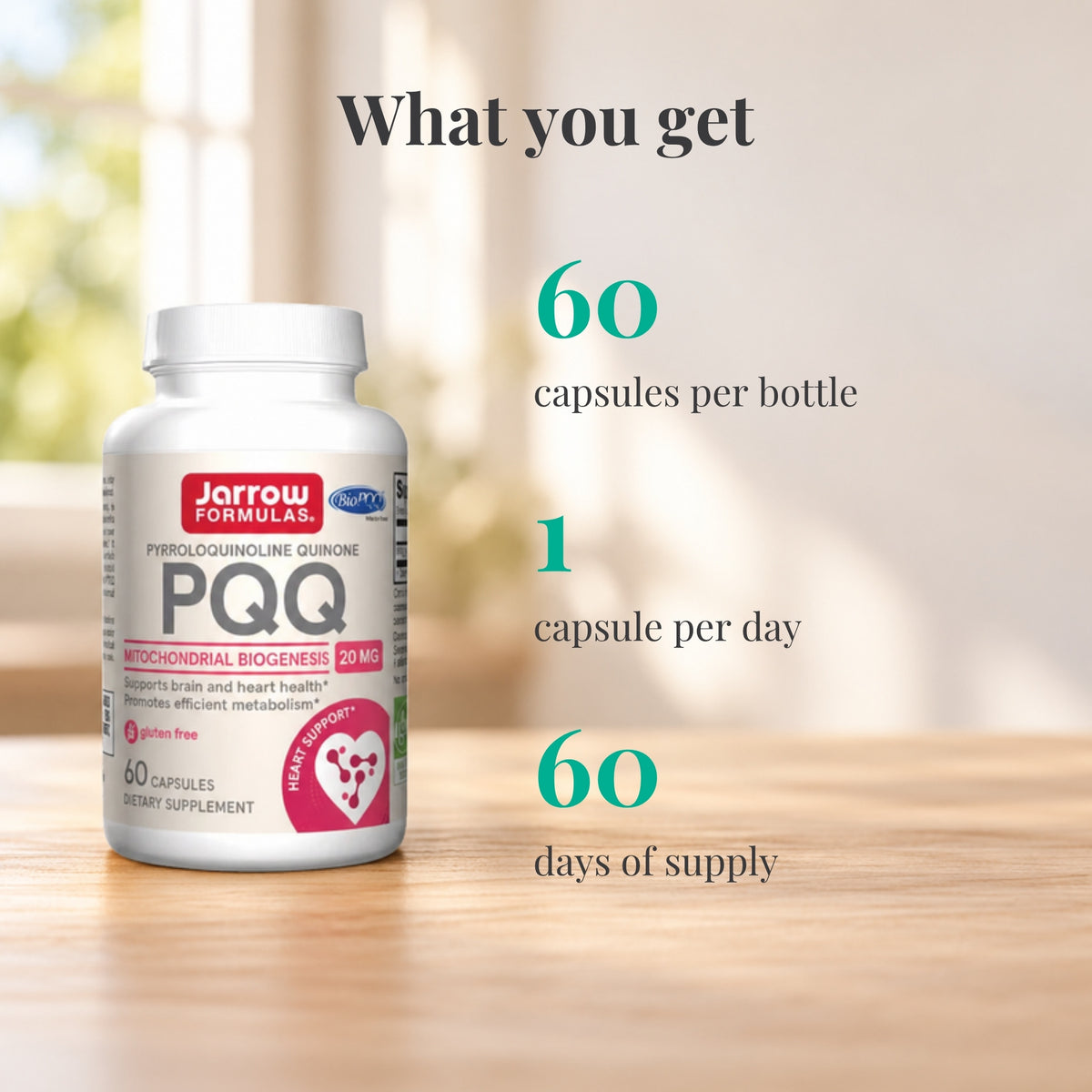 Jarrow Formulas PQQ 20 mg: 60 capsules per bottle, 1 capsule per day, 60 days of supply