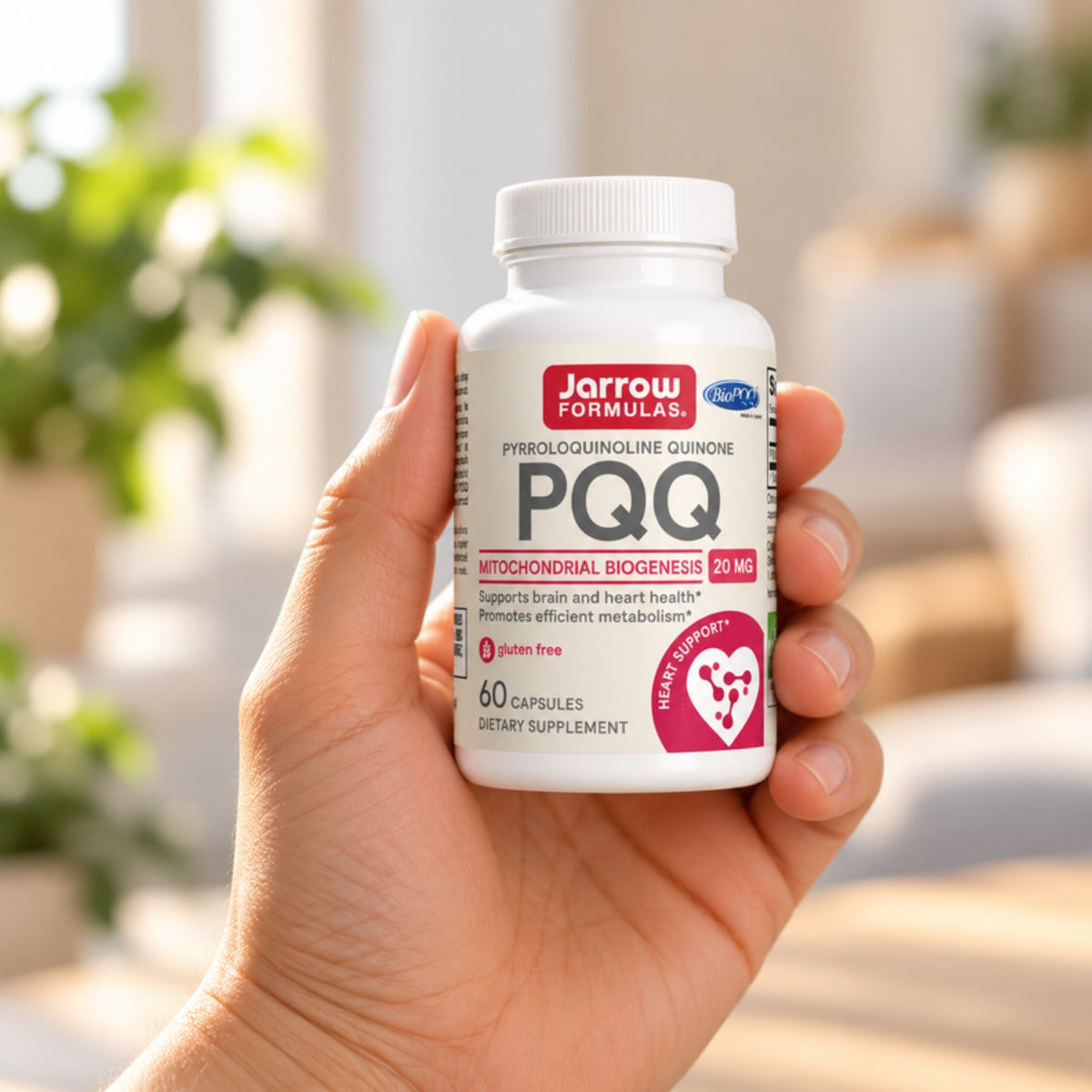 Jarrow Formulas PQQ 20 mg held in an adult hand to show its size