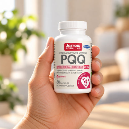 Jarrow Formulas PQQ 20 mg held in an adult hand to show its size