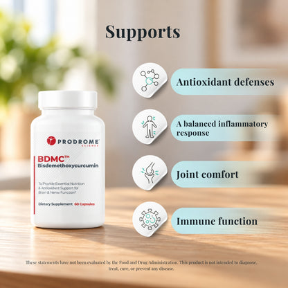 ProdromeBDMC Curcumin 60 Capsules by Prodrome Sciences with icons showing what it supports: antioxidant defenses, a balanced inflammatory response, joint comfort and immune function