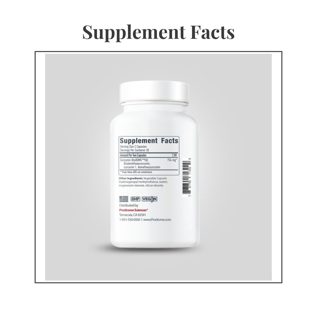 Facts panel from the label of ProdromeBDMC Curcumin 60 Capsules by Prodrome Sciences