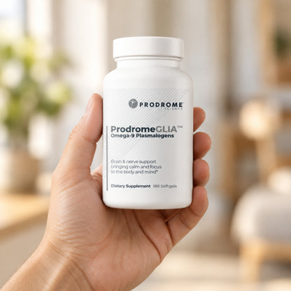 ProdromeGlia Softgels 180 Count by Prodrome Sciences held in an adult hand to show its size