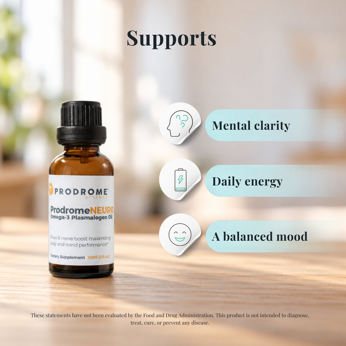 ProdromeNeuro Oil 30 mL by Prodrome Sciences with icons showing what it supports: mental clarity, daily energy and a balanced mood