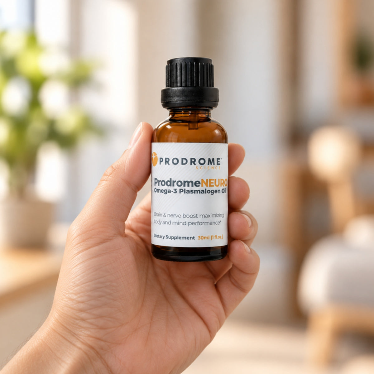 ProdromeNeuro Oil 30 mL by Prodrome Sciences held in an adult hand to show its size