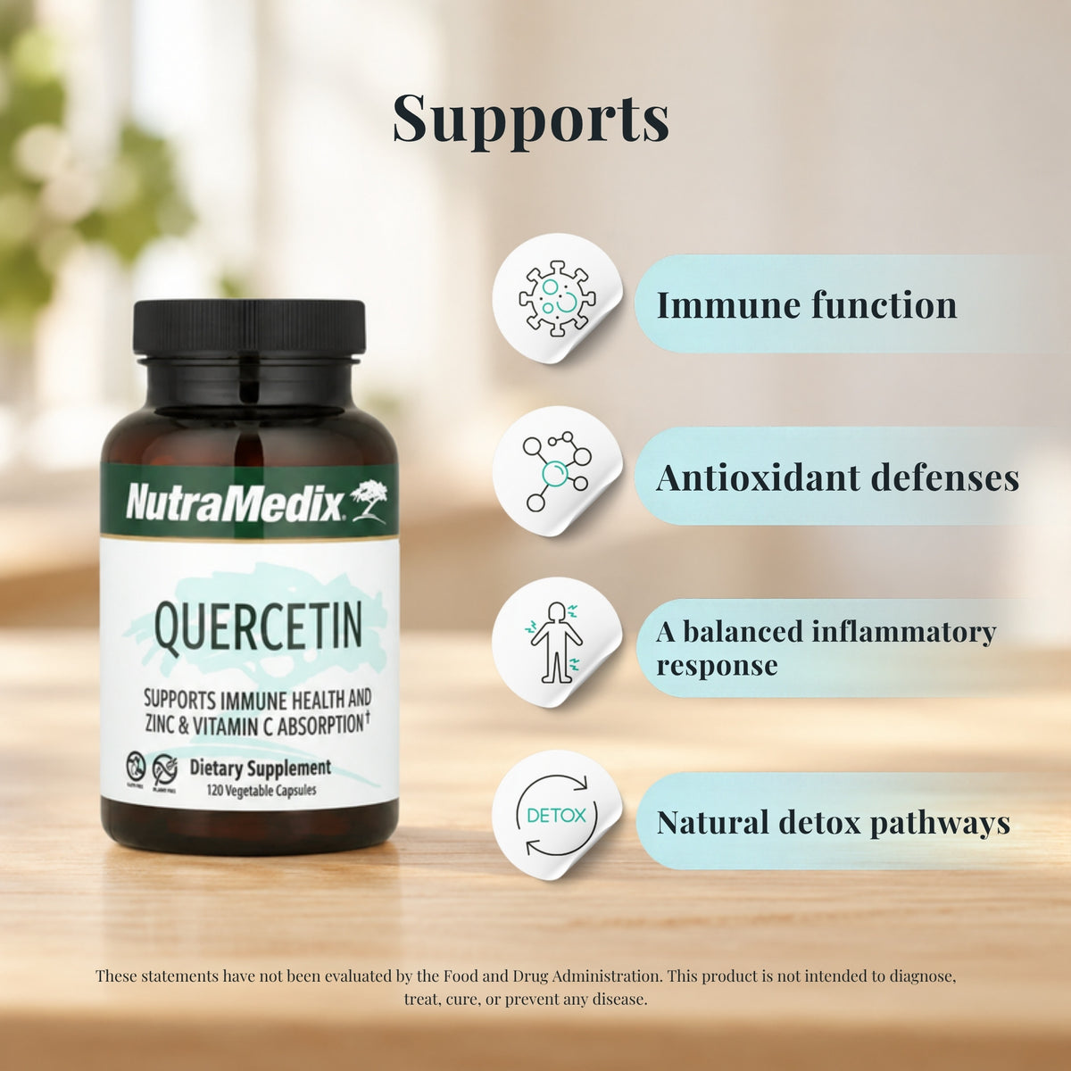 NutraMedix Quercetin 500 mg with icons showing what it supports: immune function, antioxidant defenses, a balanced inflammatory response and natural detox pathways