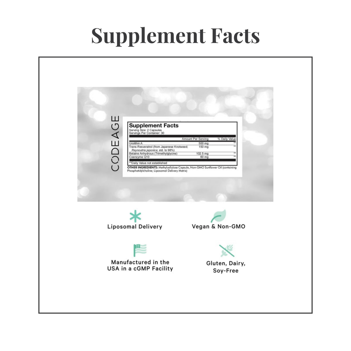Facts panel from the label of Codeage Urolithin A