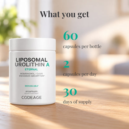 Codeage Urolithin A: 60 capsules per bottle, 2 capsules per day, 30 days of supply