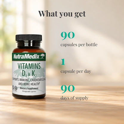 NutraMedix Vitamin D3 & K2 5000 IU: 90 capsules per bottle, 1 capsule per day, 90 days of supply