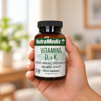 NutraMedix Vitamin D3 & K2 5000 IU held in an adult hand to show its size