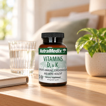 NutraMedix Vitamin D3 & K2 5000 IU on a table at home