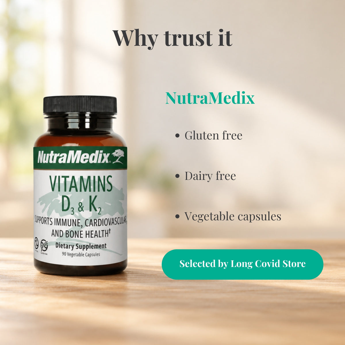 Why trust NutraMedix Vitamin D3 & K2 5000 IU: Gluten free; Dairy free; Vegetable capsules