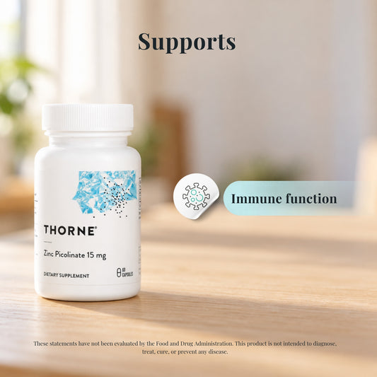 Thorne Zinc Picolinate 15mg with icons showing what it supports: immune function